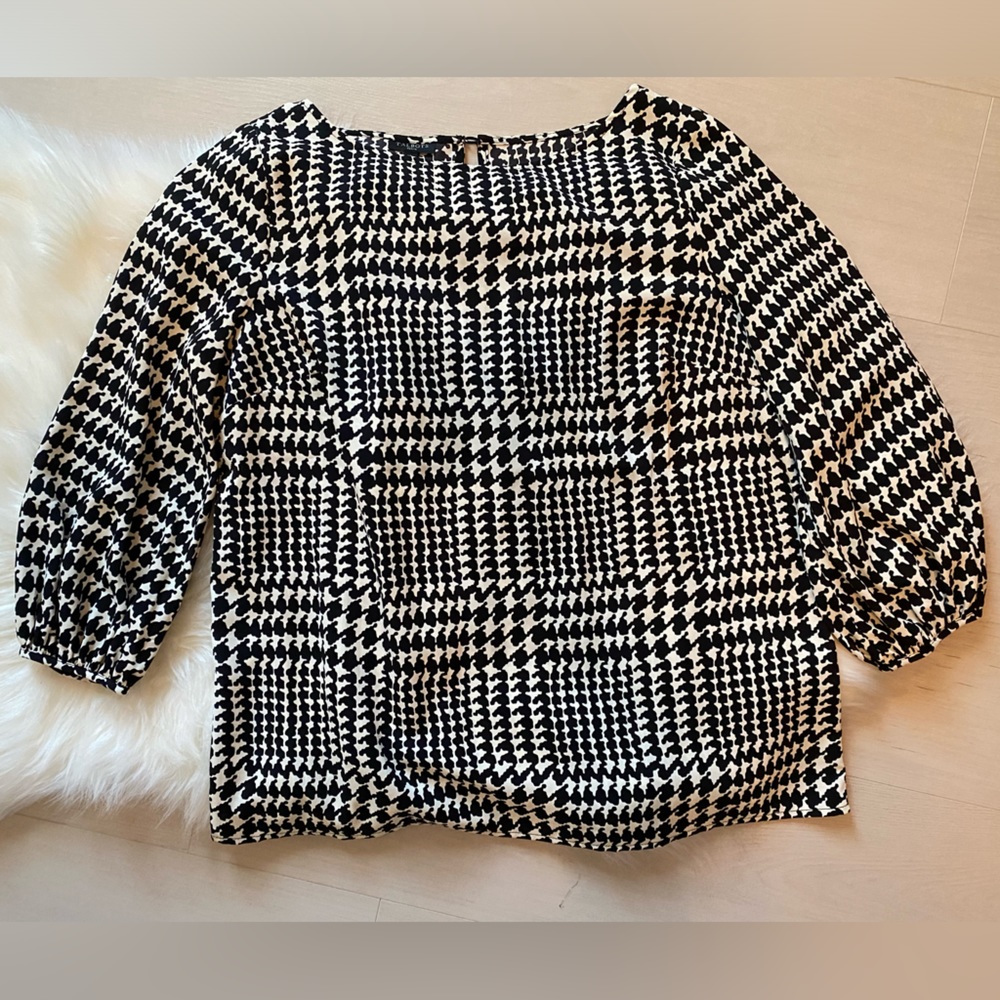 Like NEW Talbots Women's Medium Petite Poet Sleeve Top Houndstooth 3/4 Sleeve